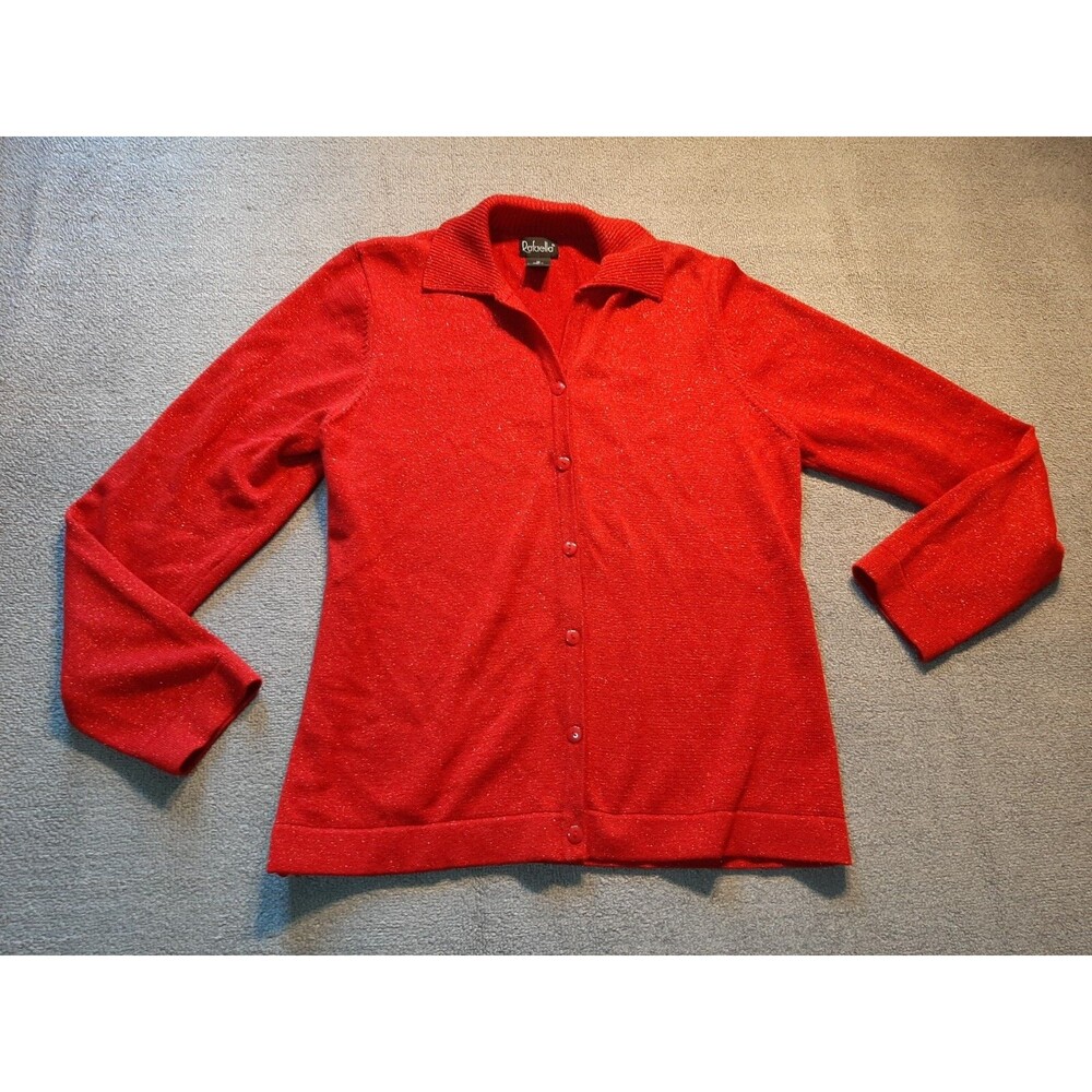 Womens Rafaella Sweater Button Up Medium M Cotton Lurex Red Sparkly Long slve